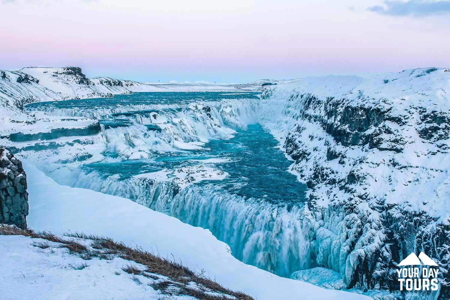 snowy gullfoss in winter time