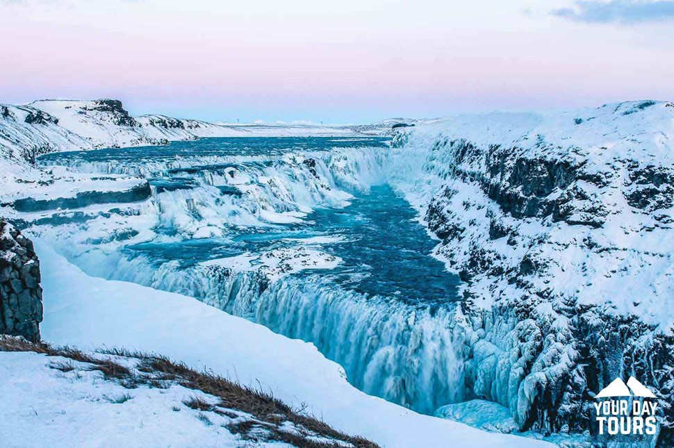 wintery gullfoss waterfall in iceland