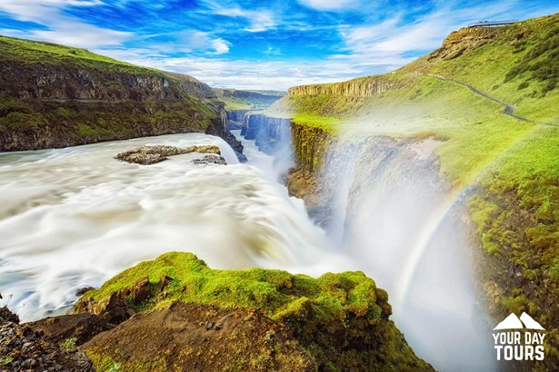 view of gullfoss waterfall with a rainbow 