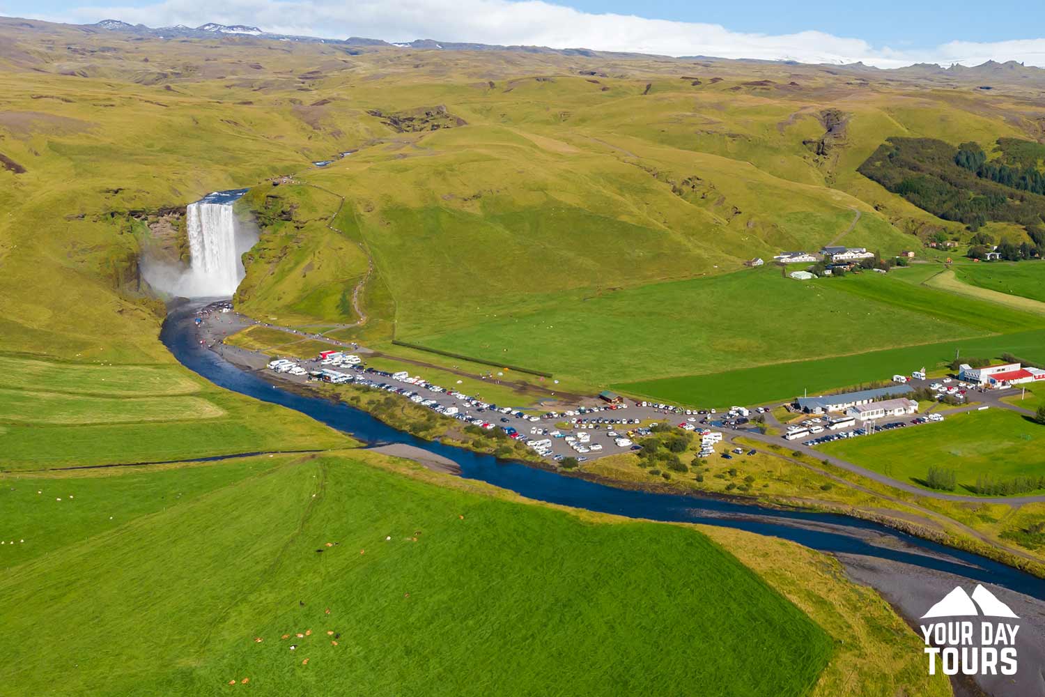 drone view of skogar river in iceland 