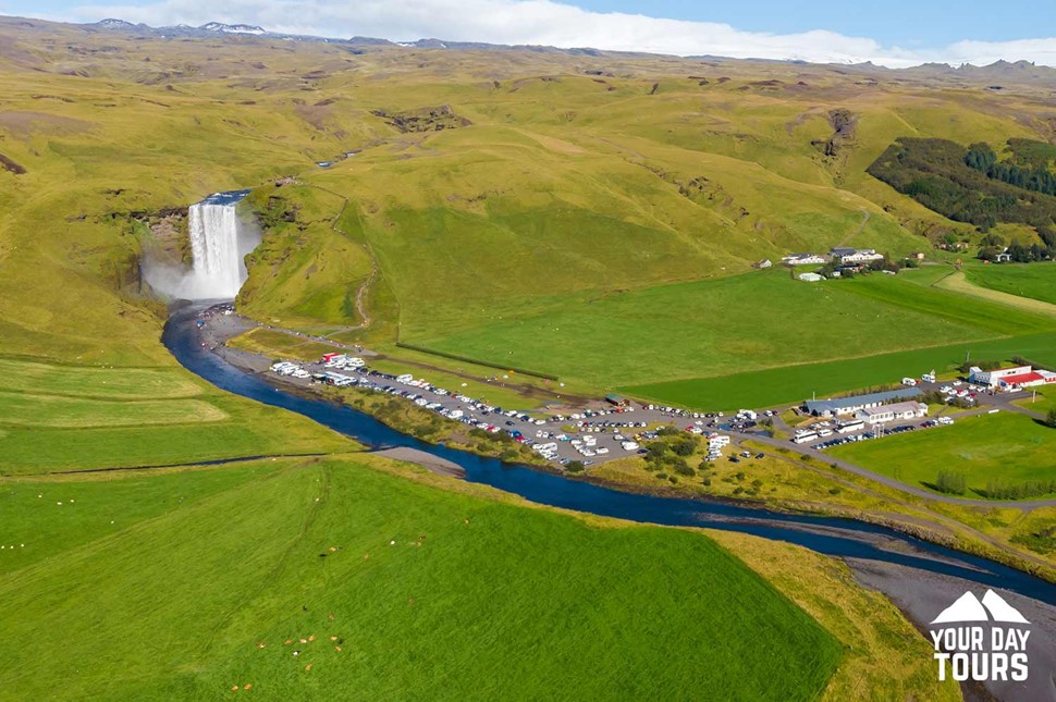 drone view of skogar river in iceland 