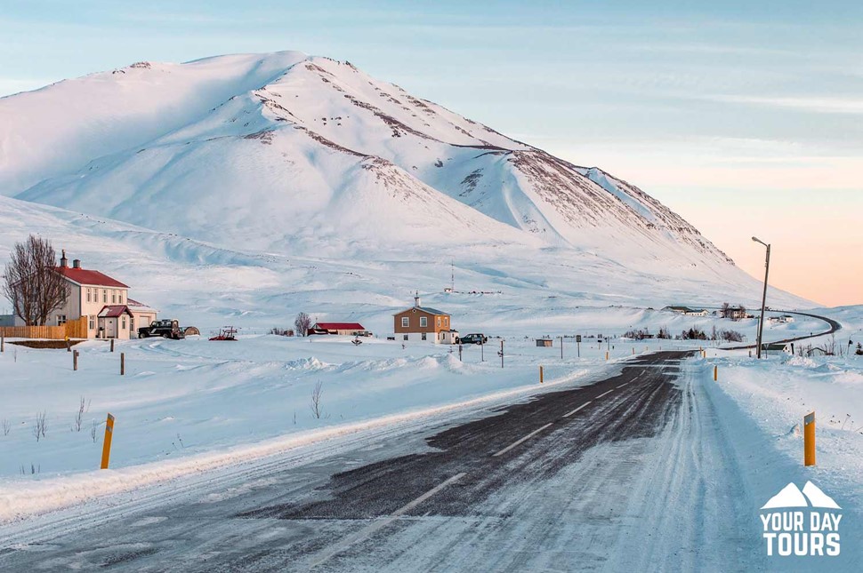 snowy dalvik road in iceland
