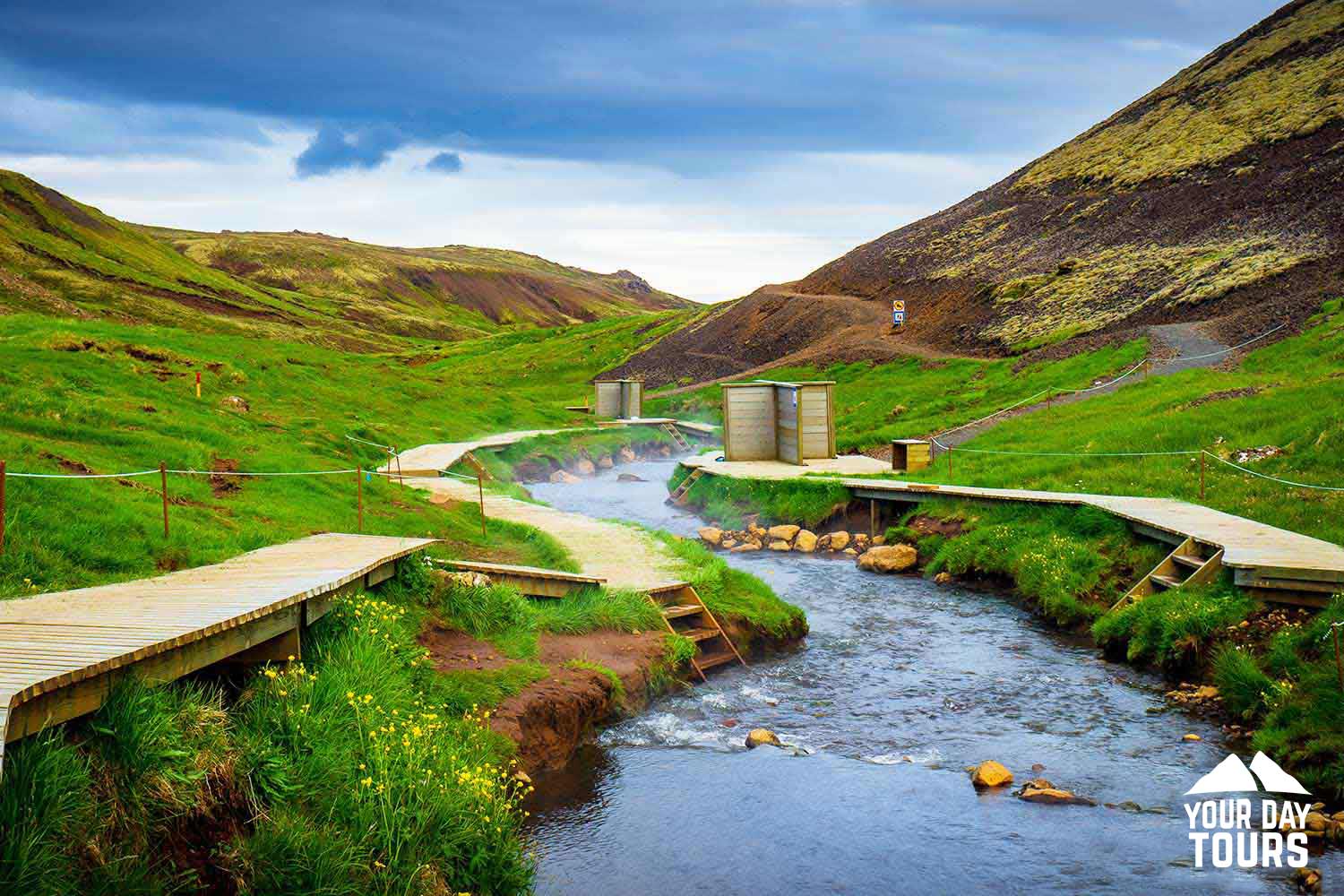 Reykjadalur geothermal river in summer