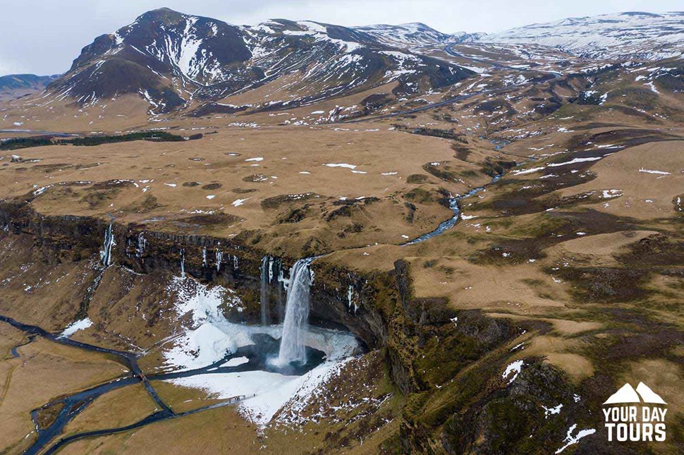 aerial drone view of seljalandsfoss waterfall