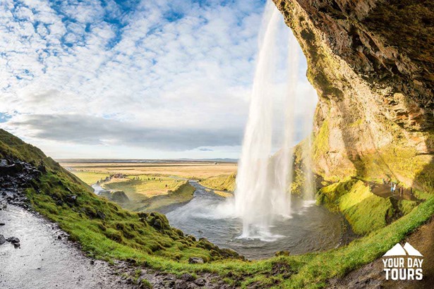 a view from befind of seljalandsfoss in summer