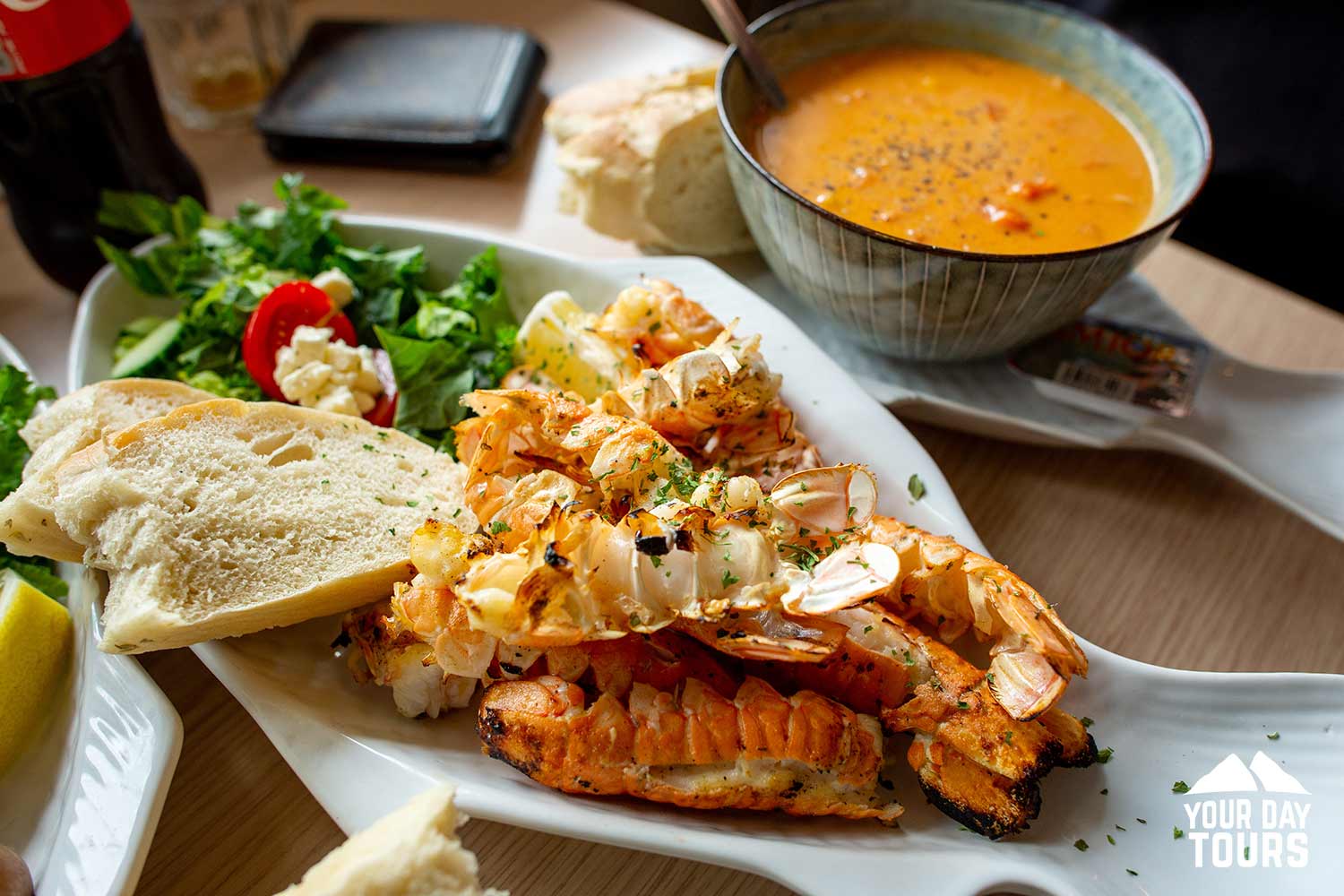 langoustine lobster soup on the table