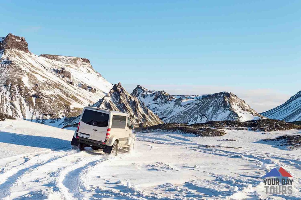 super jeep driving near katla in iceland 