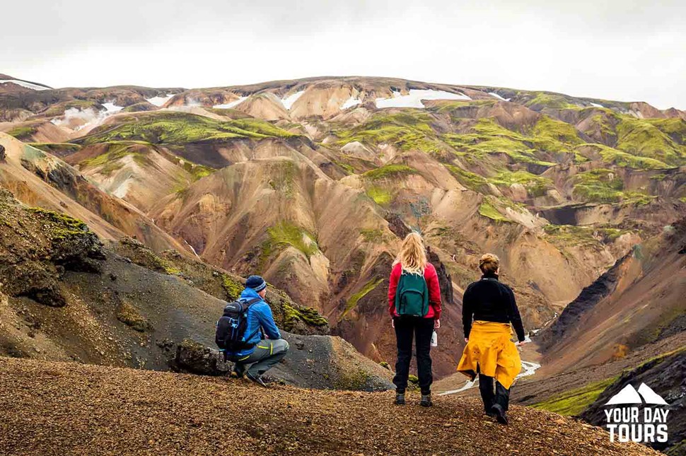 people hiking landmannalaugar in summer
