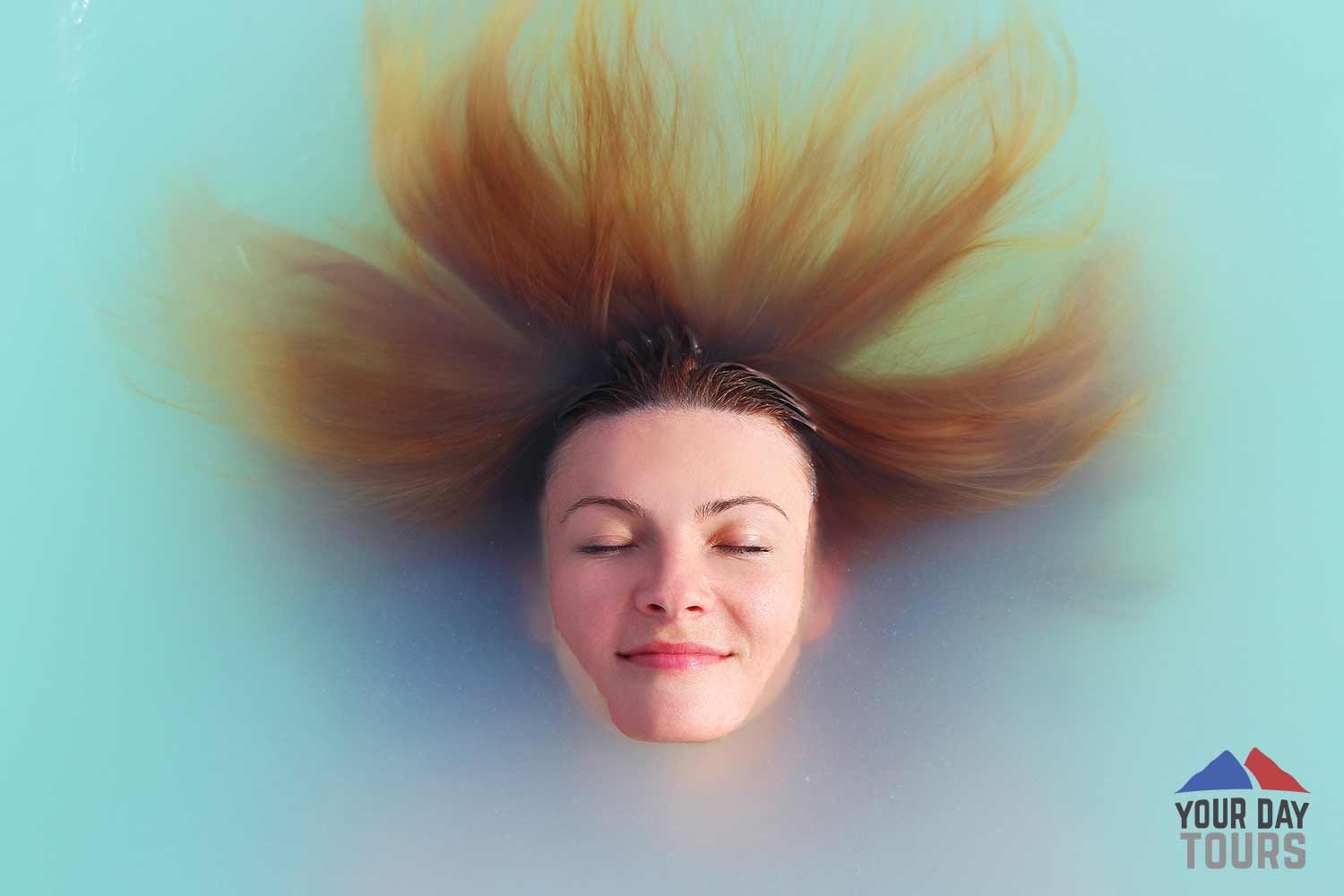 smiling relaxing woman bathing in blue lagoon 