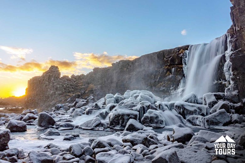Thingvellir National Park Waterfall at Sunrise