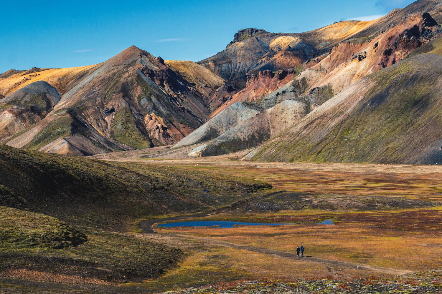 Two hikers in distance with Landmannalaugar colorful mountain in background and bright blue  pool of water in distance
